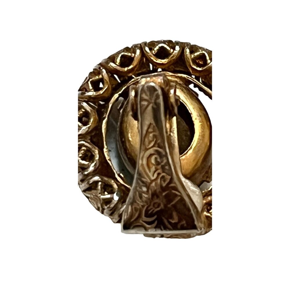 Vintage Filigree Gold Tone Clip-On Earrings With Teal Blue Rhinestone - Picture 6 of 8